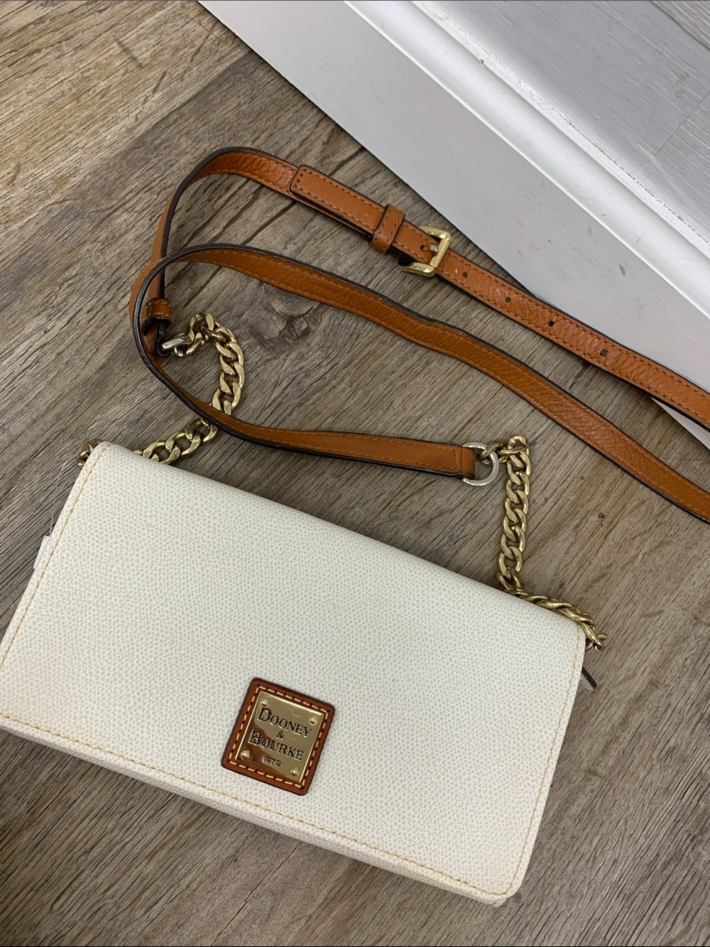 Dooney & Bourke Cream Crossbody with Tan Leather & Gold Chain